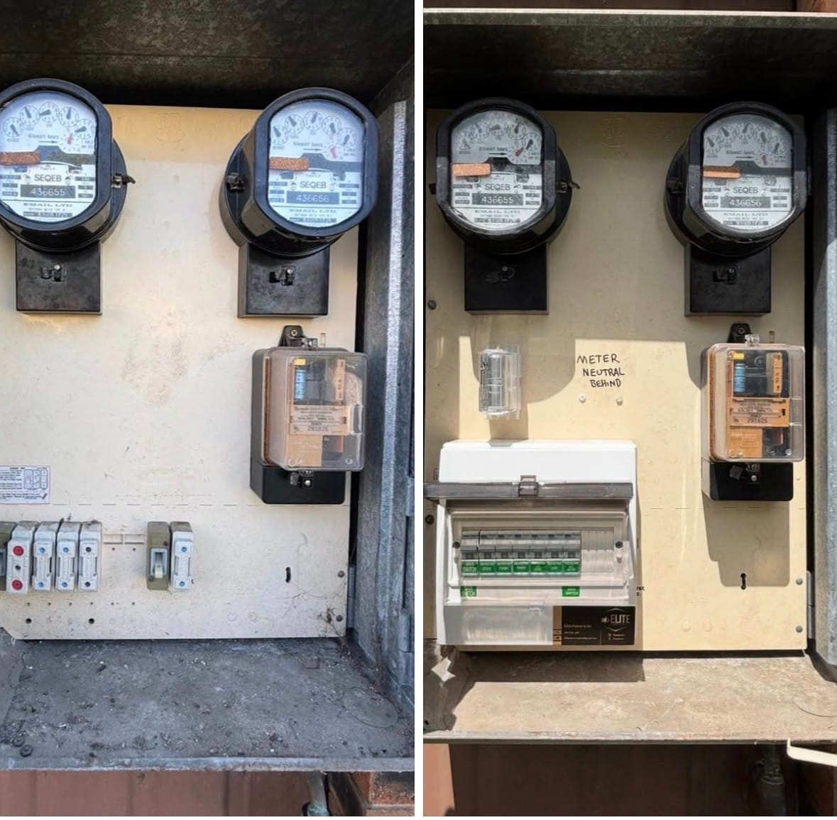 Electrical meter box upgrade before and after